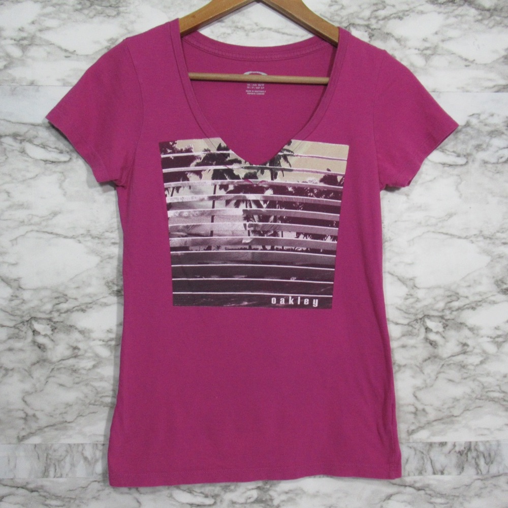Oakley Pink V-Neck Graphic Tee Shirt Size XS